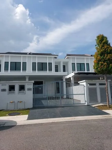 Exterior type: linked terrace house; features: white painted facade, flat roof, two-storey, manicured lawn, paved driveway, metal gate, multiple windows, balconies on upper floor, surrounded by greenery; style: modern.