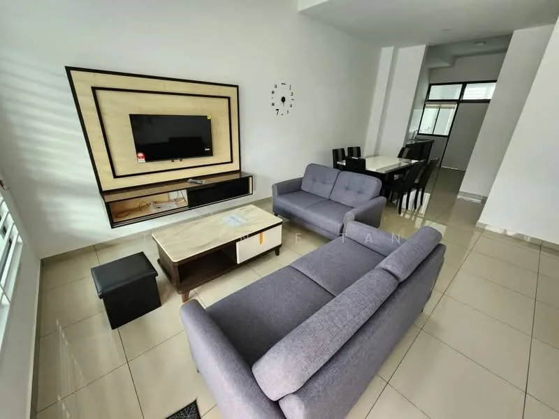 Living features: grey fabric 3-seater sofa, grey fabric 2-seater sofa, marble coffee table, wall-mounted TV, wooden TV console, decorative wall panel, tile flooring, large windows with natural light, clock on wall, dining area visible in background, black dining chairs, open layout; style: modern.