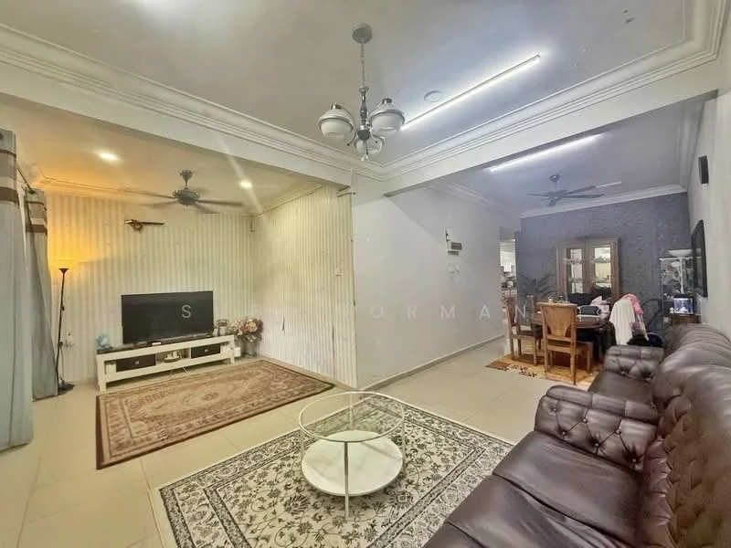 Living features: 3-seater leather sofa in brown, coffee table with glass top, area rug with geometric pattern, wall-mounted TV, ceiling fan with light, recessed downlights, white painted walls with crown moulding, tile flooring; style: modern. Dining features: dining table with chairs, wooden dining chairs, decorative wall mirror, ceiling fan, white painted walls, tile flooring; style: modern.
