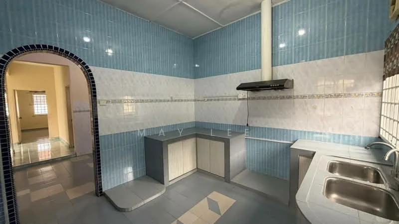 Kitchen features: blue tiled walls, white tiled walls, grey laminate countertop, double-bowl stainless-steel sink, chrome pull-down faucet, exhaust hood, floor tiles in grey, arched entryway; style: modern.