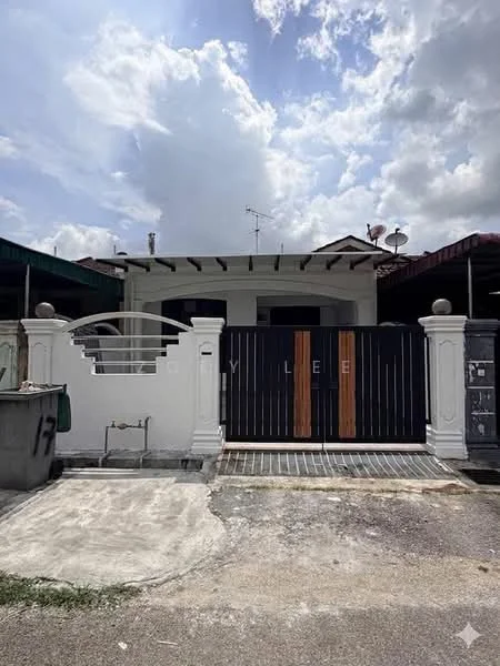 Exterior type: linked terrace house; features: black wooden gate with vertical wooden accents, white painted facade, concrete driveway, stone-paved walkway, front garden area, roof overhang, satellite dishes on roof, decorative columns at entrance; style: modern.