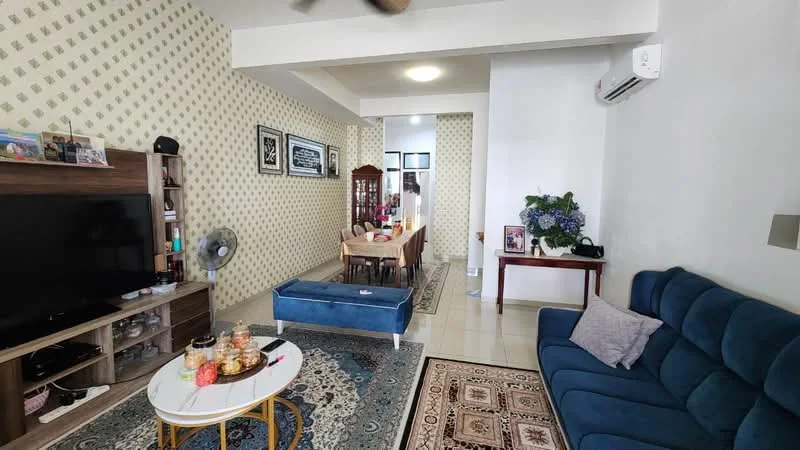 Living features: blue fabric sofa, coffee table, TV console with wall-mounted TV, area rug with geometric pattern, ceiling fan, wall-mounted air conditioning unit, decorative wall art, wooden side table, framed photographs, decorative plants, dining area visible in background; style: modern.