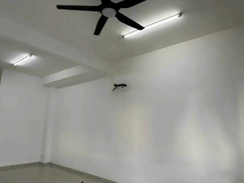 Room features: white painted walls, ceiling fan, LED ceiling lights, tile flooring.