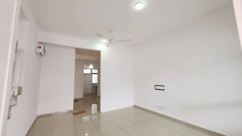 Living features: white painted walls, glossy ceramic tile flooring, 5-blade ceiling fan with light, wall-mounted air conditioning unit, recessed ceiling lights; style: modern. Room features: doorway leading to another room, neutral color scheme.