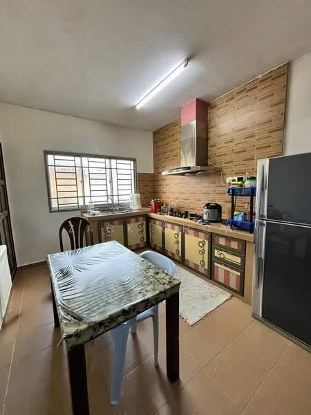 Kitchen features: brown wooden cabinetry, granite countertop, stainless-steel range hood, built-in gas stove, refrigerator, kitchen sink, window with metal grille, dining table with marble top, plastic chair, tile flooring, wall tiles with wood pattern, cooking appliances, water dispenser; style: modern.