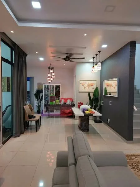 Living features: grey fabric sofa, 3-seater sofa, coffee table, pendant lighting, 5-blade ceiling fan with light, large windows with sheer curtains, white painted walls, tile flooring, decorative wall art, indoor plants, dining table with chairs, console table, staircase in background; style: modern.