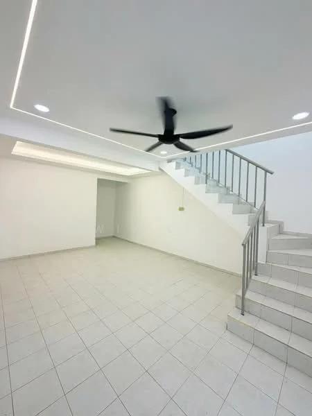 Room features: white painted walls, tile flooring, 5-blade ceiling fan, recessed LED downlights, staircase with metal railing, open space layout, natural light from windows, neutral color scheme; style: modern.