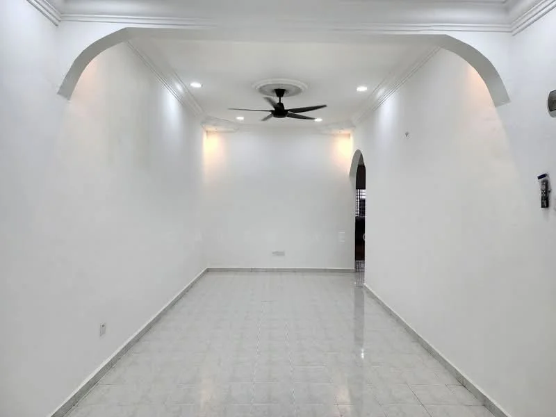 Room features: white painted walls, recessed downlights, 5-blade ceiling fan, glossy ceramic tile flooring, arched doorways, neutral colour scheme, no visible furniture, open layout; style: modern.