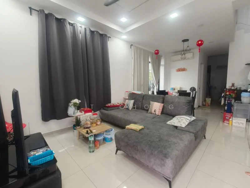 Living features: grey fabric sectional sofa, white walls, black curtains, recessed ceiling lights, tile flooring, wall-mounted TV, coffee table, decorative cushions, decorative plants, dining area visible in background; style: modern.