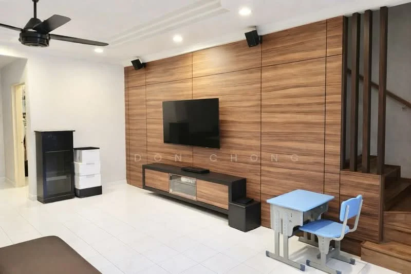 Living features: wood feature wall, wall-mounted flat-screen TV, black TV console, white storage unit, ceiling fan, recessed downlights, white tiled flooring, staircase with wooden steps; style: modern.