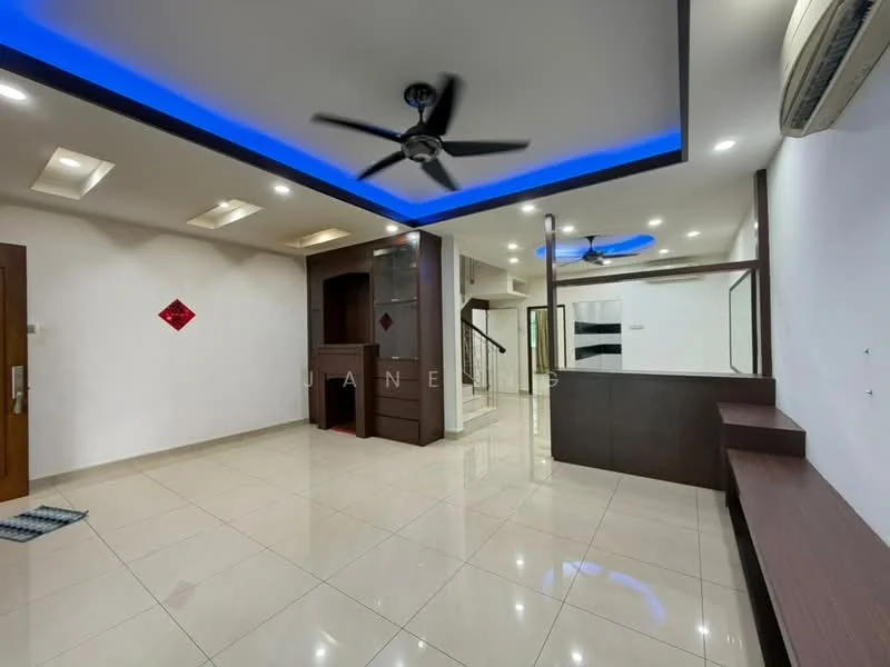 Living features: white painted walls, glossy tile flooring, 5-blade ceiling fan with light, recessed downlights, blue LED cove lighting, built-in wall shelf, open layout, air conditioning unit, staircase visible in background; style: modern.