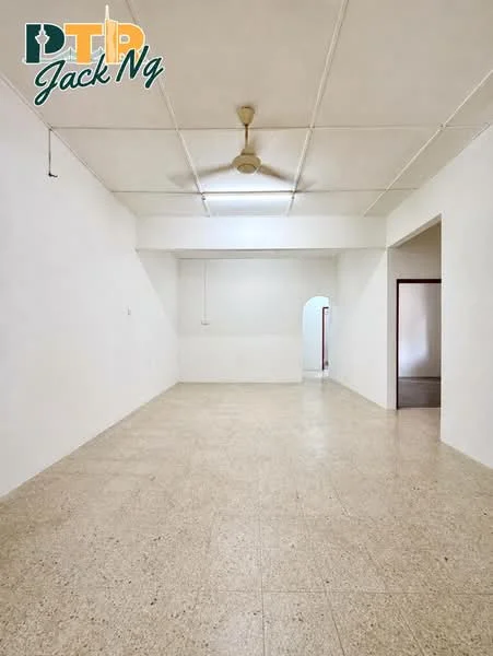 Room features: white painted walls, dropped ceiling, ceiling fan, terrazzo flooring, arched doorway, open layout, natural light from doorway, no visible furniture; style: minimalist.