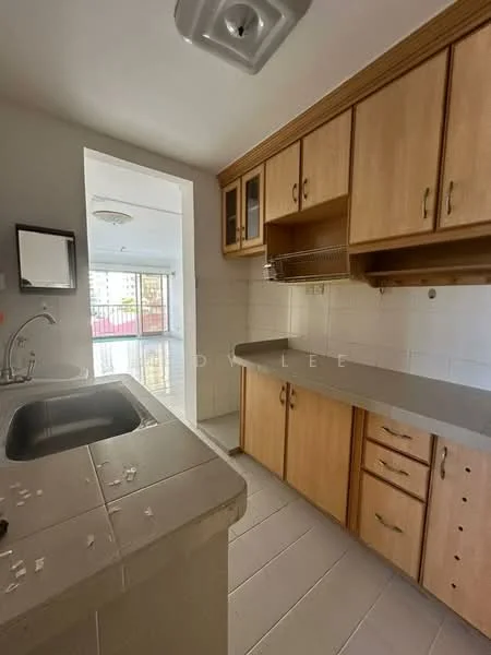 Kitchen features: single-bowl stainless-steel sink, chrome pull-down faucet, laminate countertop, wood cabinetry with upper glass-front cabinets, white tiled backsplash, built-in shelves, drawer storage, light-colored tile flooring, recessed ceiling lights; style: modern.