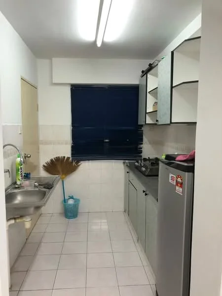 Kitchen features: single-bowl stainless-steel sink, chrome pull-down faucet, grey cabinetry with glass-front upper cabinets, black countertop, built-in stove, stainless-steel fridge, white tiled walls, white tiled flooring, window with blue blinds, broom, blue plastic basket; style: modern.