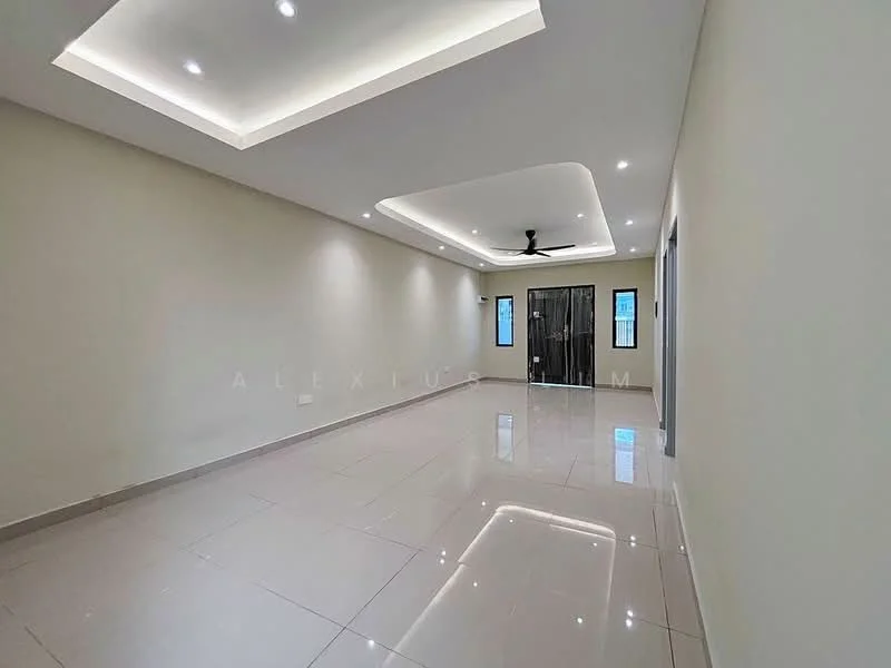 Living features: white painted walls, polished ceramic tile flooring, tray ceiling with recessed lighting, 5-blade ceiling fan with light, floor-to-ceiling windows, sliding glass door, natural light from windows, neutral color scheme; style: modern.