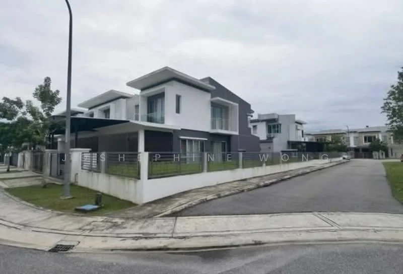 Exterior type: detached bungalow; features: white painted facade, grey accent wall, flat roof, manicured lawn, paved driveway, surrounded by greenery, multiple windows, fenced perimeter, corner lot, two-storey structure; style: modern.
