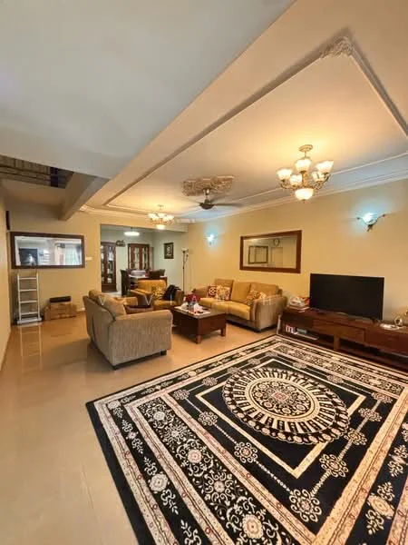 Living features: 3-seater fabric sofa in beige, 2-seater fabric sofa in beige, coffee table, TV console, wall-mounted TV, area rug with geometric pattern, ceiling fan with light, chandelier, recessed downlights, cream painted walls, tile flooring, decorative mirror; style: traditional.
