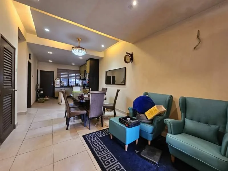 Living features: two teal armchairs, dining table with four chairs, chandelier, wall-mounted clock, framed mirror, blue area rug with geometric pattern, tile flooring, recessed ceiling lights, cream painted walls; style: modern.