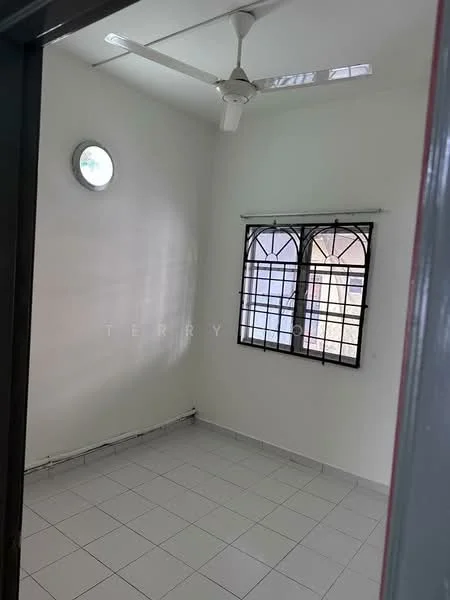 Room features: white painted walls, white tiled flooring, ceiling fan, black metal window with grid, round window, natural light from window.