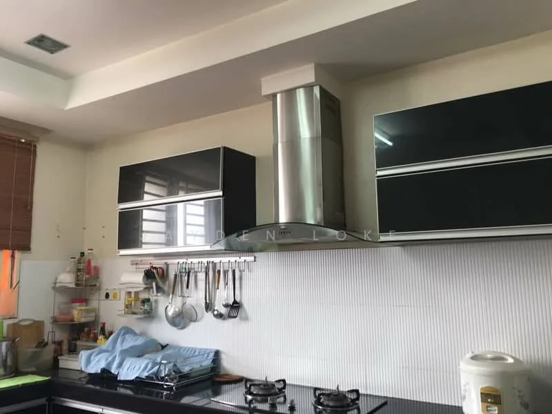 Kitchen features: black cabinetry with glass fronts, stainless-steel range hood, gas hob with two burners, white tiled backsplash, kitchen utensils hanging on wall, window with blinds, countertop with black surface, shelf with various kitchen items; style: modern.