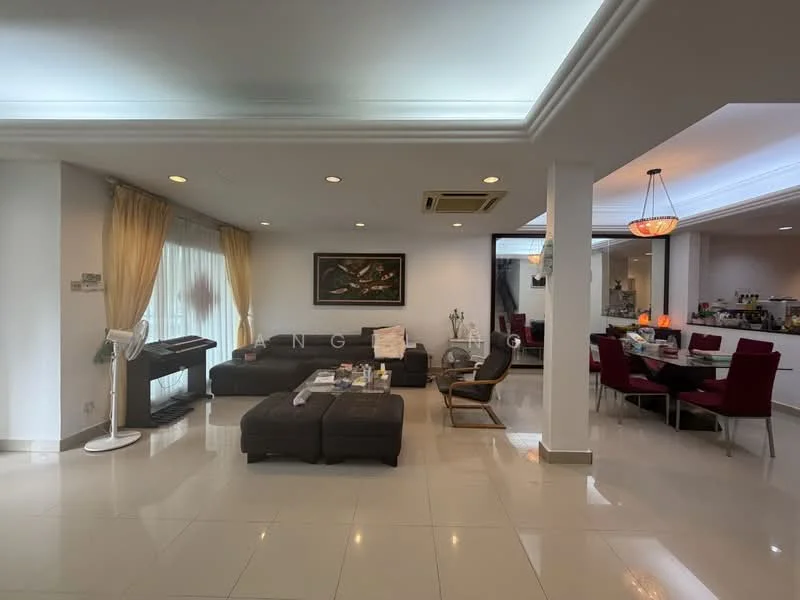 Living features: large sectional sofa in dark grey, coffee table, floor-to-ceiling windows with sheer curtains, recessed downlights, cream painted walls, glossy tile flooring, ceiling with crown moulding, decorative artwork on wall, standing fan, open layout to dining area; style: modern. Dining features: 6-seater dining table with red upholstered chairs, pendant light above dining table, open layout to living area, kitchen visible in background; style: modern.