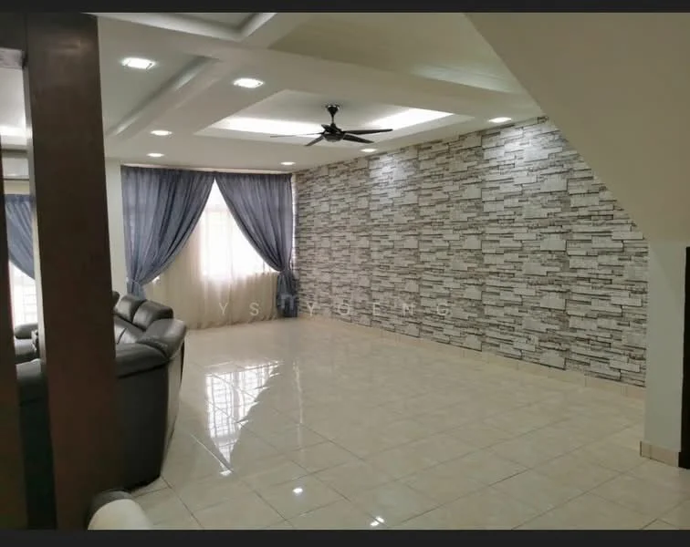 Living features: cream tiled flooring, exposed stone accent wall, white painted walls, tray ceiling with recessed lighting, 5-blade ceiling fan with light, floor-to-ceiling windows with sheer curtains, grey fabric sofa, decorative wall with lighting; style: modern.