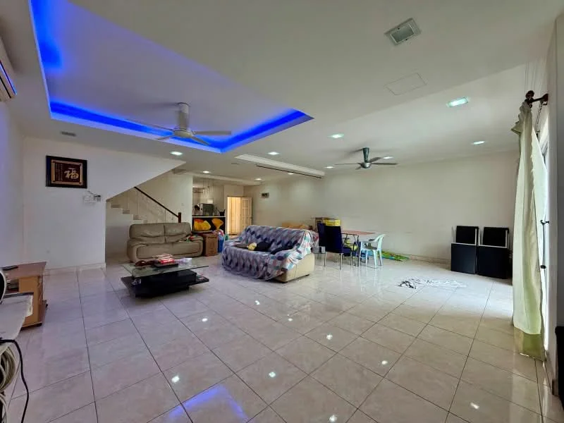 Living features: cream painted walls, glossy marble tile flooring, tray ceiling with recessed lighting, 5-blade ceiling fan with light, 2-seater leather sofa in beige, 3-seater fabric sofa with blue and white pattern, coffee table, TV console, wall-mounted TV, decorative wall art, large windows with sheer curtains, area rug, dining table with chairs, open layout to kitchen, sliding glass door leading to outdoor area; style: modern.