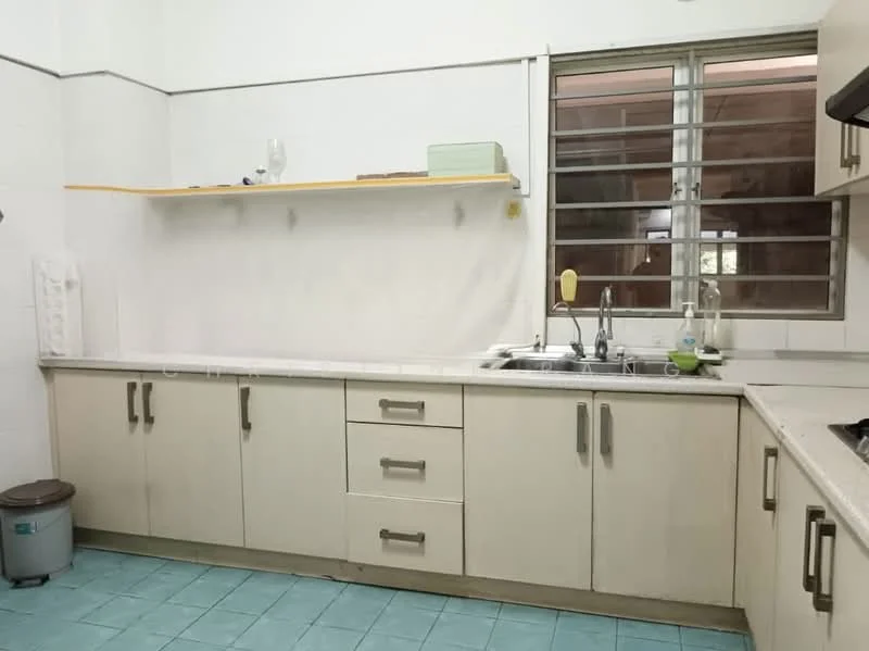 Kitchen features: light-colored cabinetry, three drawers, two-door cabinet, white countertop, single-bowl stainless-steel sink, chrome faucet, open shelving above countertop, blue ceramic tile flooring, window with metal grilles, wall-mounted dish rack; style: modern.