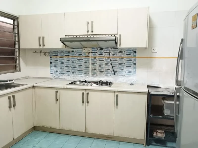 Kitchen features: white cabinetry with flat-panel doors, stainless-steel range hood, 4-burner gas hob, double-bowl stainless-steel sink, blue and white patterned backsplash, white tiled walls, light blue tile flooring, refrigerator, countertop space, wall-mounted storage; style: modern.