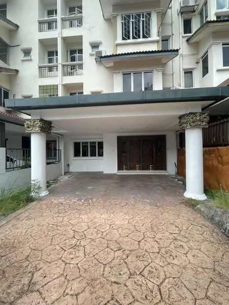 Exterior type: semi-detached house; features: covered car porch, decorative columns, textured stone paving, double wooden doors, white painted facade, balconies on upper floors, mature greenery, exposed brick wall, gated entrance; style: modern.