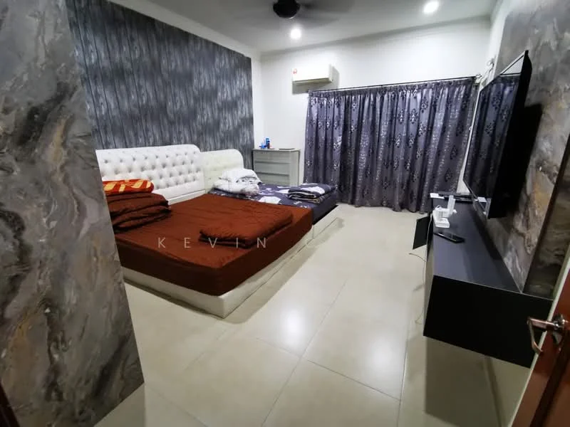 Bedroom features: king-size bed with upholstered headboard, brown bedspread, white bedding, grey curtains, wall-mounted TV, black TV console, ceiling fan, light-coloured tiled flooring, grey accent wall, nightstand, decorative items on nightstand; style: modern.