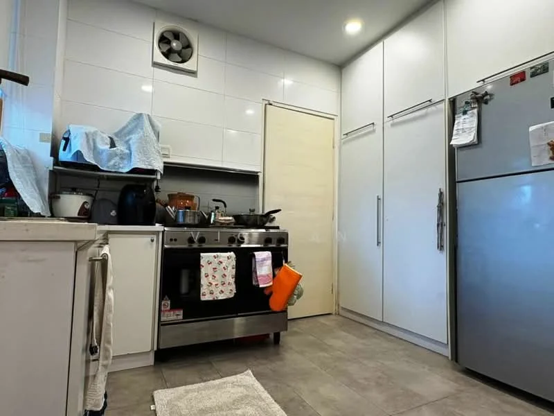 Kitchen features: white tiled walls, grey tile flooring, stainless-steel gas stove, stainless-steel range hood, single-bowl stainless-steel sink, white cabinetry, built-in refrigerator, exhaust fan, countertop space, kitchen towels hanging, cooking pots and utensils visible; style: modern.