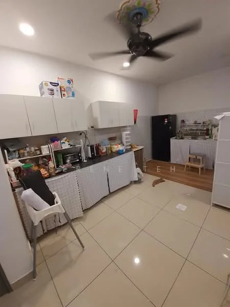 Kitchen features: white cabinetry, black countertop, stainless-steel sink, chrome pull-down faucet, built-in refrigerator, freestanding stove, tile flooring, ceiling fan with light, wall-mounted shelves, open shelving, various kitchen appliances, dining high chair; style: modern.