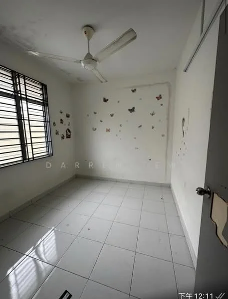 Room features: white painted walls, tile flooring, ceiling fan, window with metal grille, butterfly wall decals, natural light from window; style: minimalist.