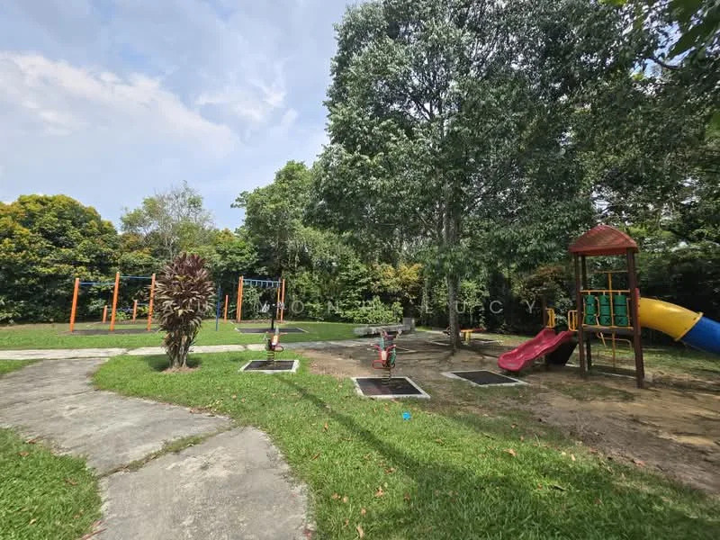 Exterior type: landscape garden; features: playground equipment, slide, swing set, climbing frame, manicured lawn, pathway, mature trees, green shrubs, sand area, outdoor seating area; style: modern.