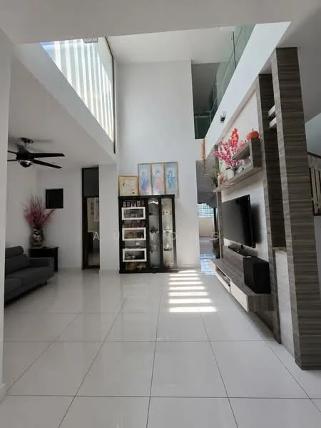 Living features: white painted walls, polished ceramic tile flooring, 5-blade ceiling fan with light, large windows with sheer curtains, wall-mounted TV, entertainment unit, decorative wall with wooden paneling, framed artwork, sofa in dark grey, decorative plants in ceramic pots; style: modern.
