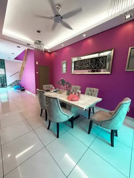 Dining features: white marble dining table, 6 upholstered dining chairs in grey, purple accent wall, white tiled flooring, chandelier with crystals, recessed ceiling lights, framed artwork on wall, decorative mirror, ceiling fan; style: modern.