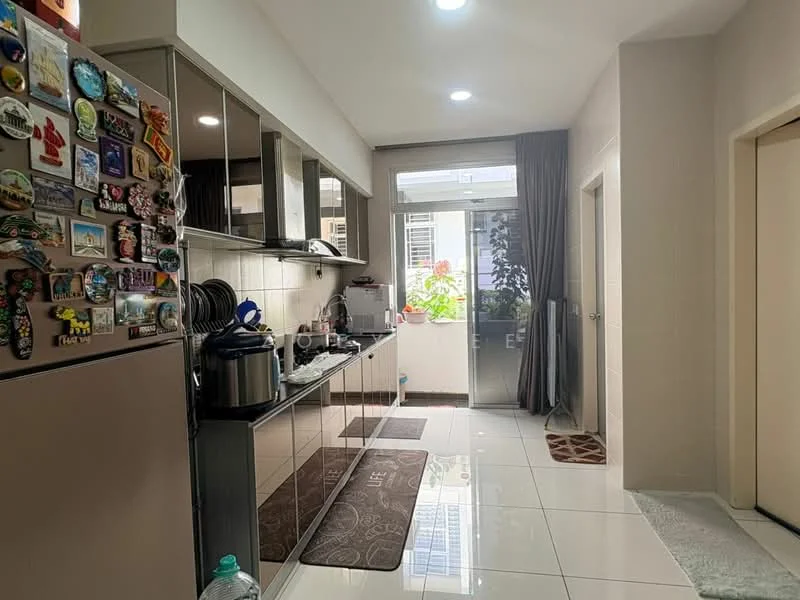 Kitchen features: white cabinetry, stainless-steel fridge, built-in oven, ceramic tile flooring, grey countertop, single-bowl stainless-steel sink, chrome pull-down faucet, wall-mounted cabinets, window with view of greenery, recessed downlights, decorative rug, magnetic fridge decorations; style: modern; view: garden.