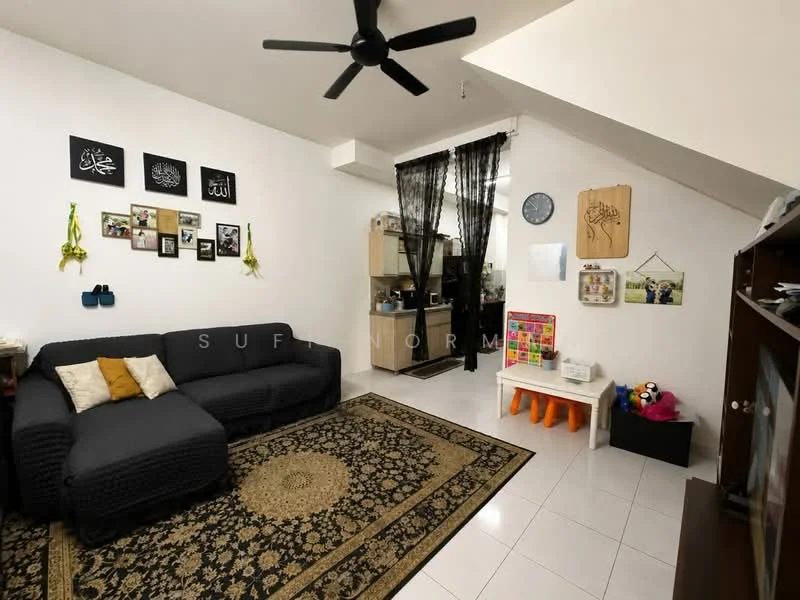 Living features: 3-seater fabric sofa in dark grey, area rug with intricate pattern, wall-mounted clock, framed artwork on walls, black sheer curtains, white painted walls, ceiling fan with light, TV console, decorative items on shelves, children's play area with colorful toys; style: modern. Kitchen features: kitchen cabinetry, countertop, open layout to living area; style: modern.