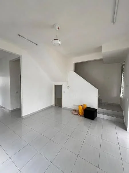 Room features: white painted walls, tile flooring, ceiling fan, staircase, window with blinds, corner with small door, two visible boxes, light fixtures on ceiling.