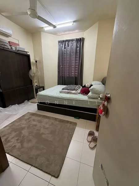 Bedroom features: queen-size bed, upholstered headboard, bedside lamps, built-in wardrobe, floor-to-ceiling window with sheer curtains, ceiling fan, light-coloured walls, tile flooring, area rug, decorative pillows.