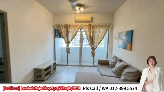 Living features: light-colored painted walls, ceramic tile flooring, 5-blade ceiling fan with light, floor-to-ceiling windows, sheer curtains, sliding glass door, balcony access, wooden TV console; style: modern; view: city.