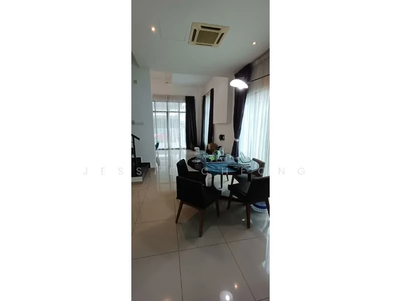 Dining features: 6-seater dining table, upholstered dining chairs, pendant lamp, floor-to-ceiling windows, sheer curtains, white walls, polished tile flooring, air conditioning unit, decorative plants, open layout to living area; style: modern; view: garden.