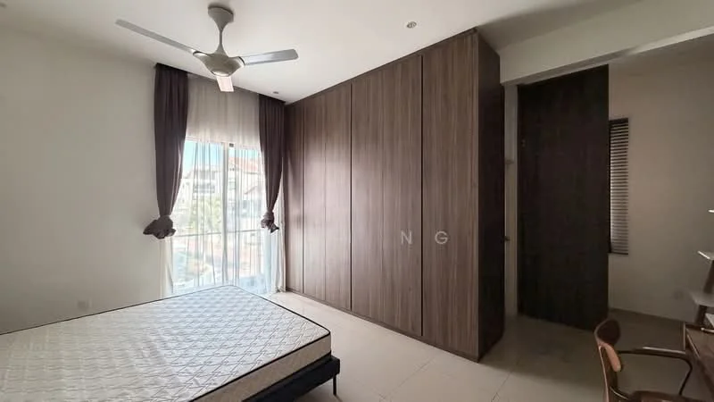 Bedroom features: queen-size bed, built-in wardrobe with wood finish, floor-to-ceiling windows, sheer curtains, ceiling fan, tile flooring, neutral wall color, study desk, chair; style: modern; view: city.