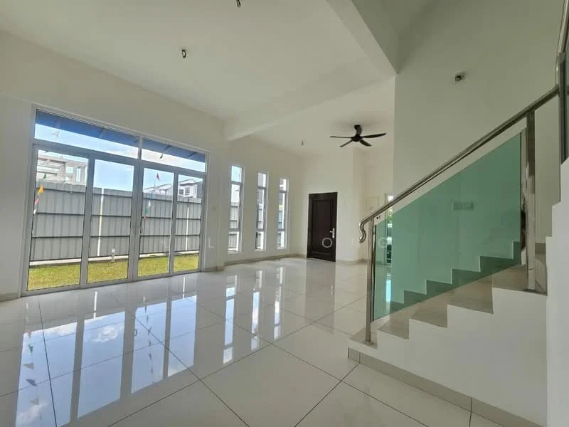 Living features: white painted walls, glossy white tile flooring, 5-blade ceiling fan, floor-to-ceiling windows, sliding glass door, natural light from windows, staircase with glass railing, green view from windows; style: modern; view: garden.