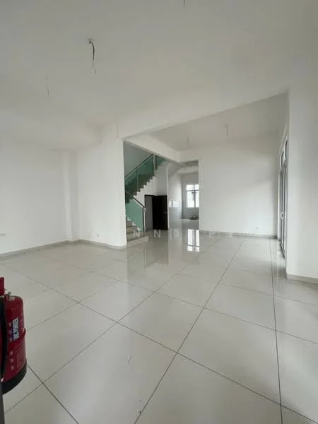 Room features: white painted walls, polished ceramic tile flooring, large windows, staircase with glass railing, open layout, high ceiling, fire extinguisher, neutral color scheme; style: modern.