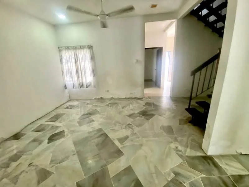 Living features: marble tile flooring, white painted walls, ceiling fan, large window with sheer curtains, staircase leading to upper floor, open layout, neutral color scheme, no visible furniture.