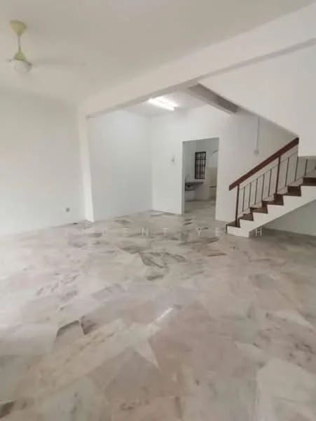 Room features: marble flooring, white painted walls, ceiling fan, staircase with wooden railing, recessed lighting, open layout, large windows, high ceiling; style: modern.