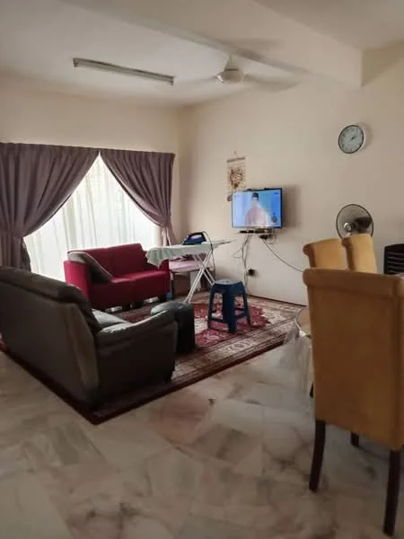 Living features: 3-seater fabric sofa in grey, 2-seater fabric sofa in red, coffee table, TV console, wall-mounted TV, area rug with geometric pattern, ceiling fan, floor-to-ceiling windows with sheer curtains, decorative wall clock, dining table with upholstered chairs, ironing board, stool, light-colored walls, marble flooring; style: contemporary.