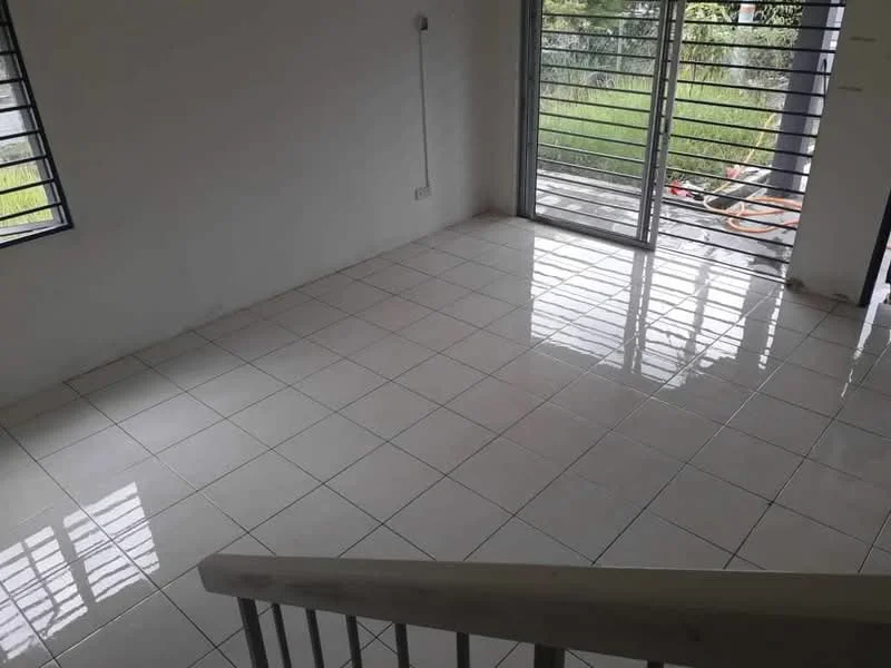 Room features: white painted walls, glossy ceramic tile flooring, sliding glass door, metal window grilles, natural light from windows, view of garden, open space layout; style: modern; view: garden.